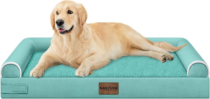 Orthopedic Dog Bed for Large Dogs, 36 x 27 Inch, Aqua Blue | Egg crate foam for joint support, 3-sided bolster pet sofa, waterproof lining, washable cover, and non-skid base