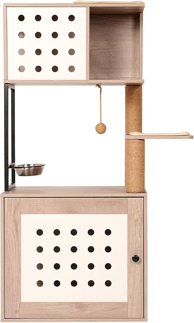 Cat Tree & Litter Box Enclosure,Modern All-in-one Indoor Cats Tower with Large Platform, Cat Condo with Wood House, Food Station, Hammocks (21.7”)