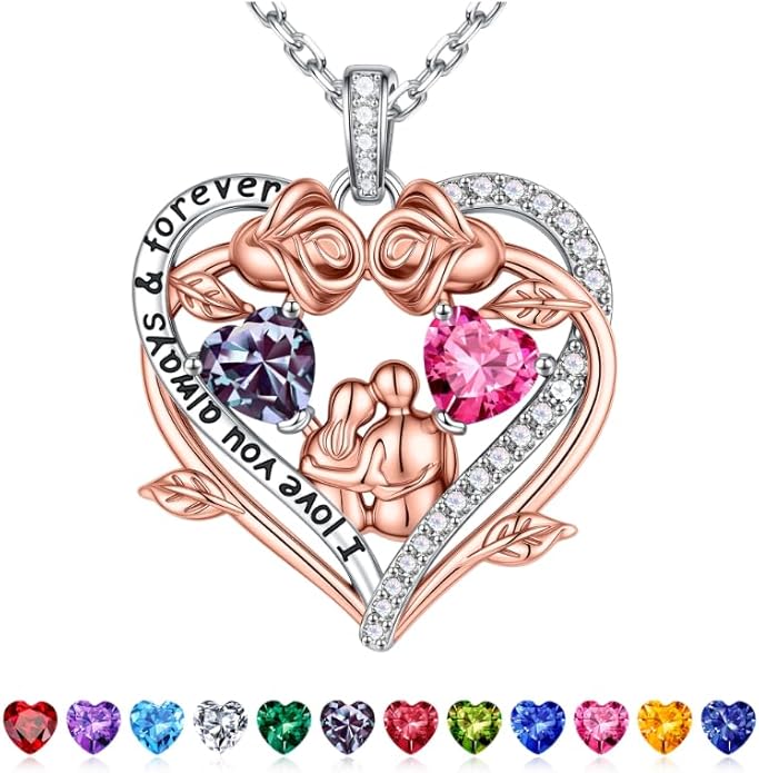 Iefil Valentines Gifts for Her Wife - 925 Sterling Silver Double Heart Birthstone Necklace, Anniversary Birthday Gifts for Women Wife Girlfriend