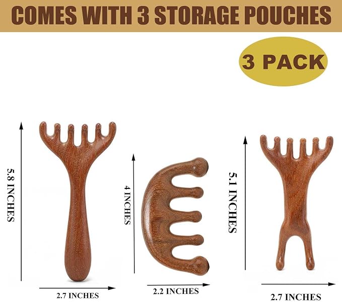 Head Massager Scalp, Wooden Scalp Massager, Foot Massage Tool | with storage pouch, natural Sandalwood, masajeador de cabeza, scalp massage for stress relax, foot massage for muscles relax
