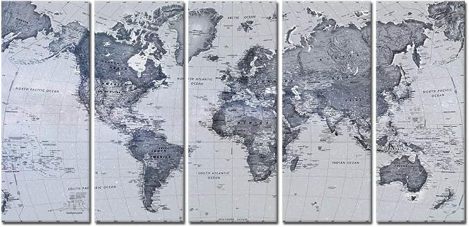 iKNOW FOTO 5 Pieces Vintage World Map Canvas Prints Push Pin Wall Art Decor Trace Travel Marks The Map of The World Antique Framed Picture for Living Room Office 16x40inx5