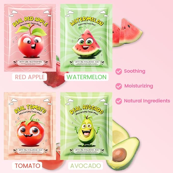 evpct 12-Pack Fruit Sheet Face Facial Masks for Women Skincare Spa, Facial Spa Day Slumber Sleepover Birthday Party Favors Supplies, Natural Ingredients, Hydrate and Soothe for All Skin Types, SetA02