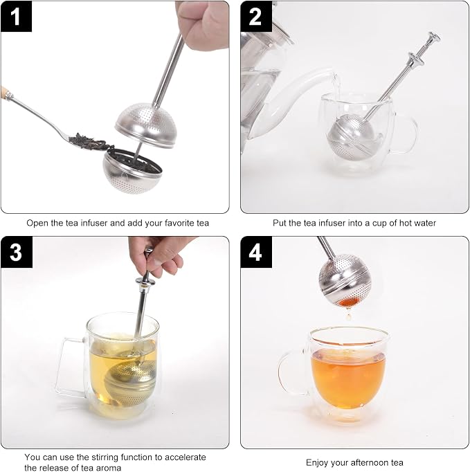 2Pcs Long Handle Tea Ball, One Handed Pressing Operation, Easy to Use | Fine Mesh Holes, Stainless Steel Ball, No Tea Residue, For Cup and Teapot, Tea Lover Gift, Free Clean Brush