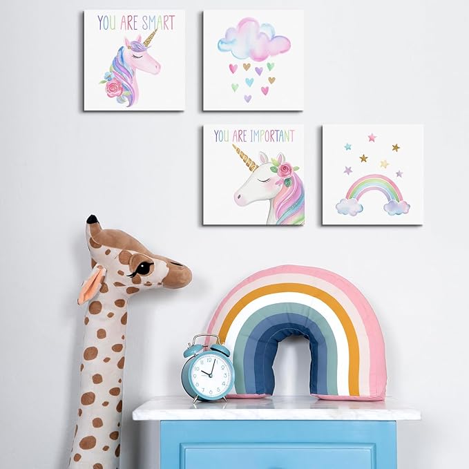 4 Pcs Watercolor Unicorn Wall Art, Inspirational Girls Room Cute Wall Decor | Rainbow Flower Aesthetic Framed Prints Paintings for Women Teen Girls Room Apartment Vogue Living Room Decor 8x8 inches