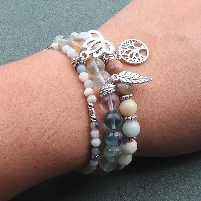 UEUC Tree of Life Yoga Healing Stone Bracelets,Multilayer Lotus Chakra Stone Reiki Bracelet Sets,Anxiety Crystal Natural Stone,for Women Stress Relief