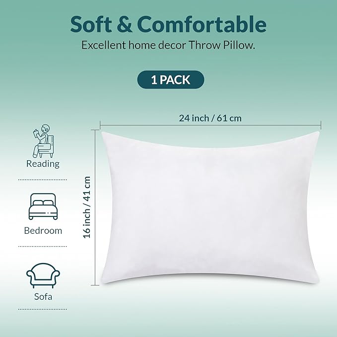 ROYALE LINENS 16 x 24 Pillow Insert - Down Alternative Throw Pillows Insert - Rectangle Pillow Pack of 1 White - Bed & Couch Pillows - Inner Cushion for Bed, Cushion for Living Room - Shams Stuffer