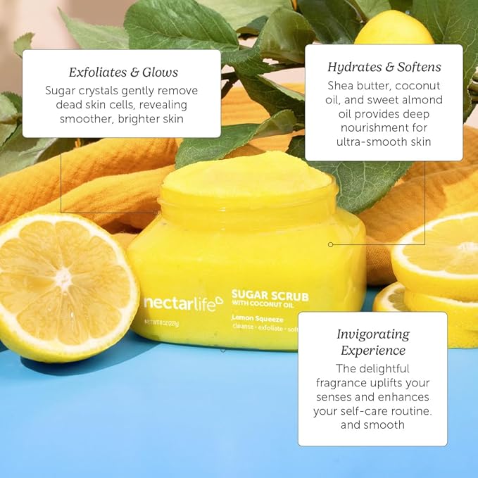 Nectar Life Exfoliating Sugar Scrub, Moisturizing Body Scrub with Coconut Oil & Shea Butter, Pre Shave Exfoliator (8 Ounce, Lemon)