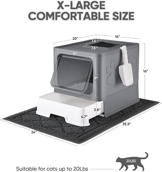 Medario Cat Litter Box with X-Large Litter Mat and Scoop(Upgrade Dark Grey) | Large Covered Litter Box with Lid, Enclosed Kitty Box,Front Top Entry Exit, Odor Control Easy to Clean