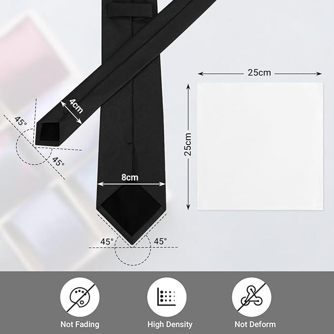 Black Tie Set in Gift Box Mens Solid Color 3.15" (8CM) Black Necktie and Pocket Square Set