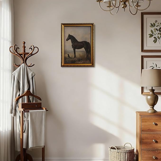 Vintage Equestrian Gold Framed Wall Art Black Horse Gundog Wall Decor Art | Antique Victorian Animal Picture Canvas Art Western Country Paintings Small Framed Prints Artwork for Bookshelf Gallery Wall