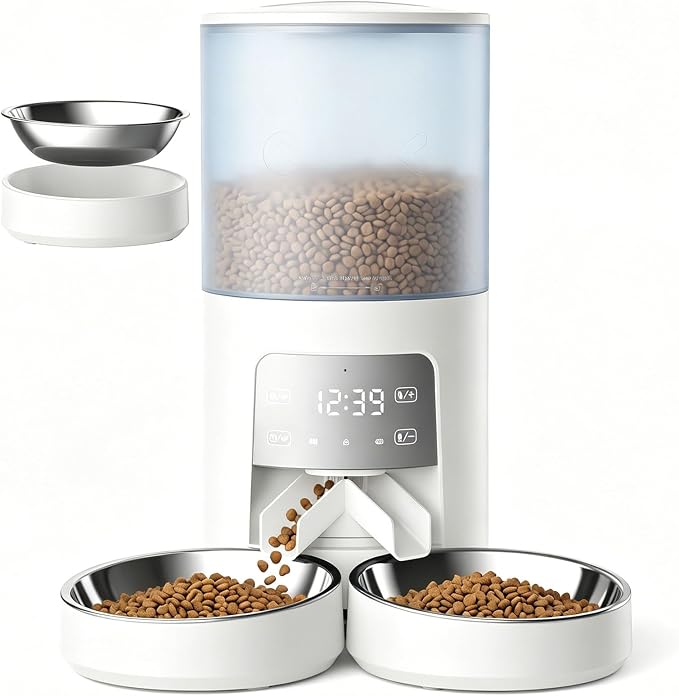 Sweetcrispy Automatic Cat Feeder, 4L Cat Food Dispenser with APP, White | 2.4G WiFi, Applicable for Dry Food, 16.9 Cups, 10 Meals/Day, 50 Portions/Meal, 10s Voice Recorder, Dual Power Supply