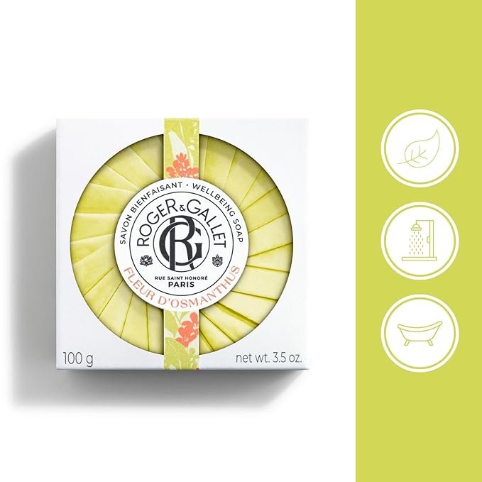 Roger & Gallet Fleur d'Osmanthus Beneficial Soap Bar - All Natural Round Soap Bars for Men & Women - with Italian Mandarin & Osmanthus - Bar Soap w/ Protective Silk Paper - Naturally Energizing - 100g