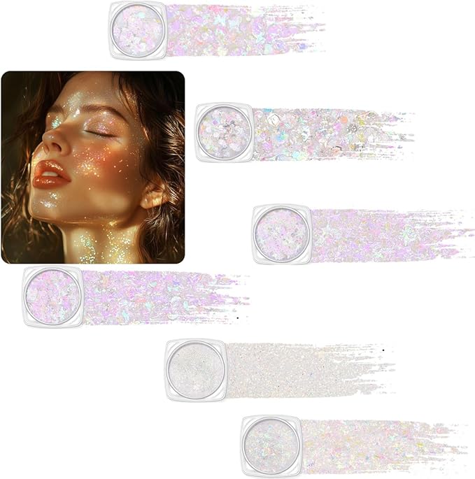 Body Glitter Clear White Body Glitter Face Glitter Hair Glitter Gel Singer Concerts Music Festival Rave Accessori Christmas Hallowen Face Paint 6 Shapes Chunky Glitter Gel for Women Girls