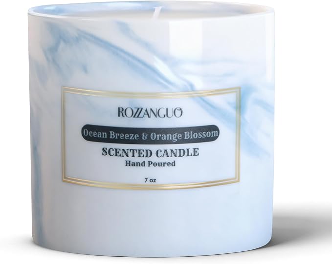 Luxury Marble Jar Scented Candle | Women Men | Non Toxic 100% Natural Coconut & Soy Wax Blend Cotton Wick | Hand Poured Highly Scented Long Lasting (Ocean Breeze & Orange Blossom, 7 Ounces)