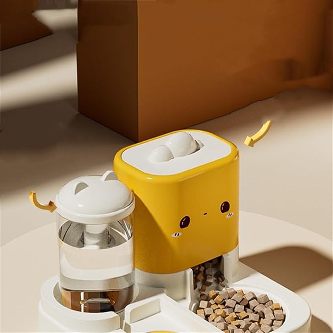 Pet Automatic Feeder Cat Dog Feeding Bowl Food Water Dispenser with Refillable Storage Container Large Capacity Rabbit Feeder Watering Bowls (Yellow)