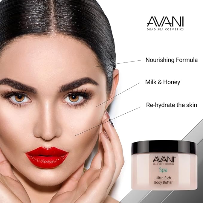 Avani Ultra Rich Body Butter - Dead Sea Salt, Aloe Vera, Vitamin E, Shea, Jojoba, Sunflower, Olive Essential Oil - Natural Butter for All Skin Types - Milk/Honey Fragrance