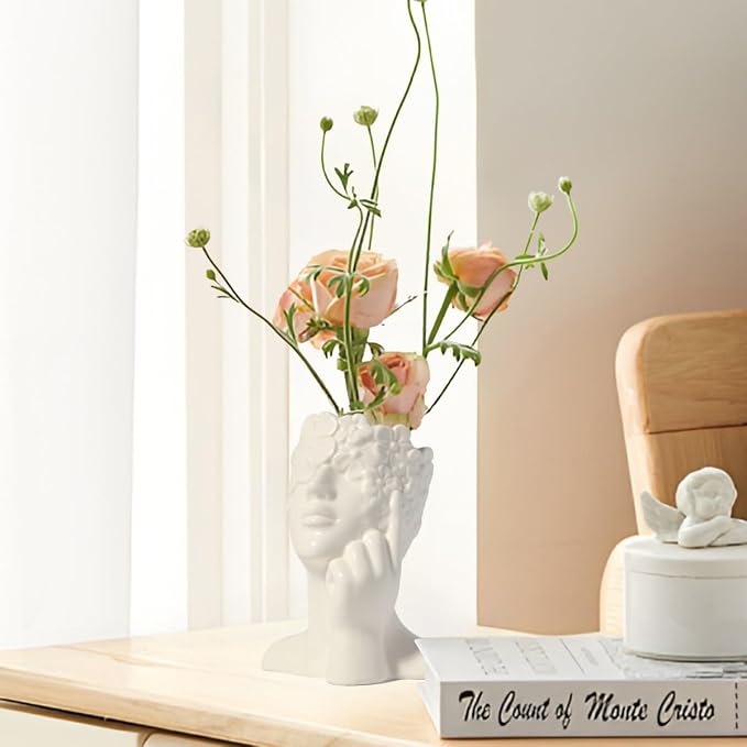 Ceramic Face Vase White Flower Vase for Decor, Female Face Vase Art, Modern Decorative Vase Centerpiece for Table, Shelf, Living Room, Office, Bedroom, Small