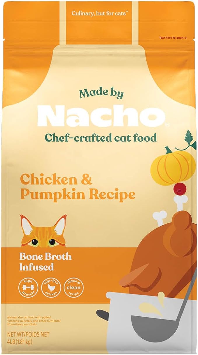 Made by Nacho Dry Cat Kibble 4lb Bag, High Protein and Grain-Friendly Premium Cat Food, Cage-Free Chicken & Pumpkin Recipe, Infused with Bone Broth for Hydration, Limited Ingredients, Single Bag | Protein-forward dry cat food with premium ingredients a...