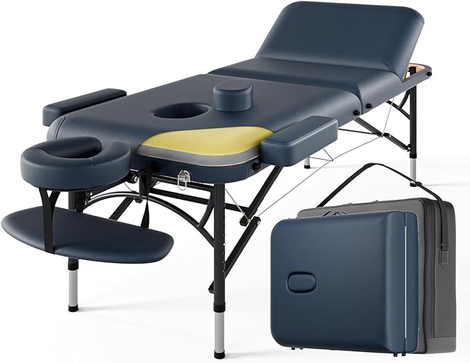Professional Massage Table Portable 3 Fold Premium Memory Foam Aluminium Leg Hold Up to 1100LBS 8 Heights Adjustable with Carrying Bag Blue
