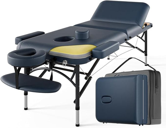 Professional Massage Table Portable 3 Fold Premium Memory Foam Aluminium Leg Hold Up to 1100LBS 8 Heights Adjustable with Carrying Bag Blue