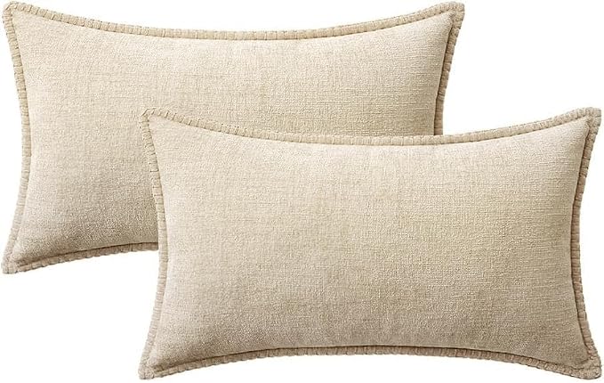 MIULEE Decorative Lumbar Throw Pillow Covers 12x20 Inch Beige 2 Pack | Neutral Farmhouse Pillow Covers with Stitched Edge, Soft Chenille Cushion Cases, for Couch Sofa Bed Living Room Home Decor