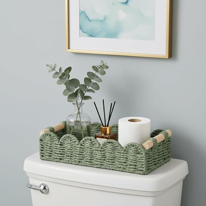 CubesLand Toilet Paper Storage Basket Organizer, Small Wicker Decor Basket | Toilet Tank Top Decorative Basket for Countertop, Handwoven Scalloped Basket W/Handle for Home Decor Living Room, Green