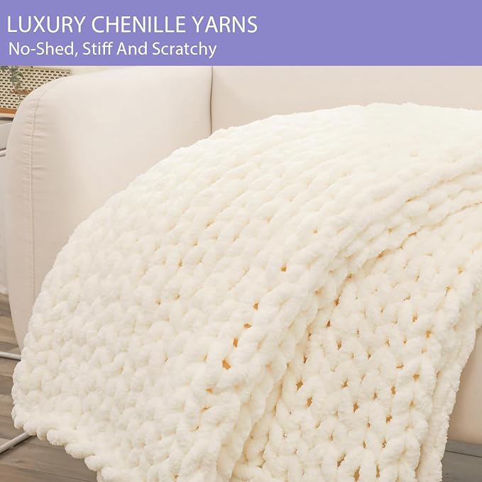 Bigacogo Chunky Knit Throw Blanket for Couch, 40x60 inches, Ivory | Hand Knit with Jumbo Chenille, Soft Breathable Cable Knit for Sofa Bed Living Room, Machine Washable, Gift for Mom Friend