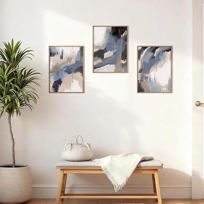 BINCUE Blue Neutral Wall Art Modern Abstract Artwork for Living Room Bedroom Office 12" Lx16 W Set of 3