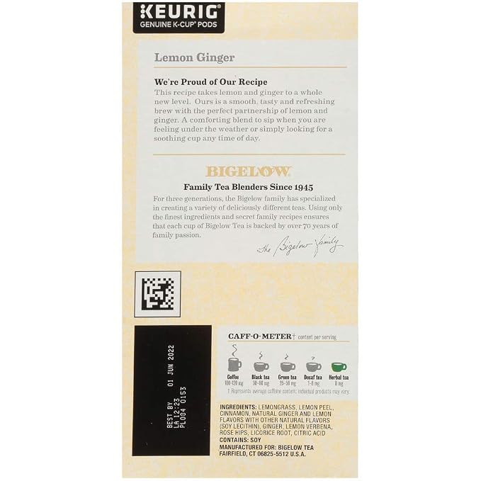 Bigelow Lemon Ginger Herbal Tea Keurig K-Cups, 22 Count Box (Pack of 1), No Caffeine 22 K-Cup Pods Total