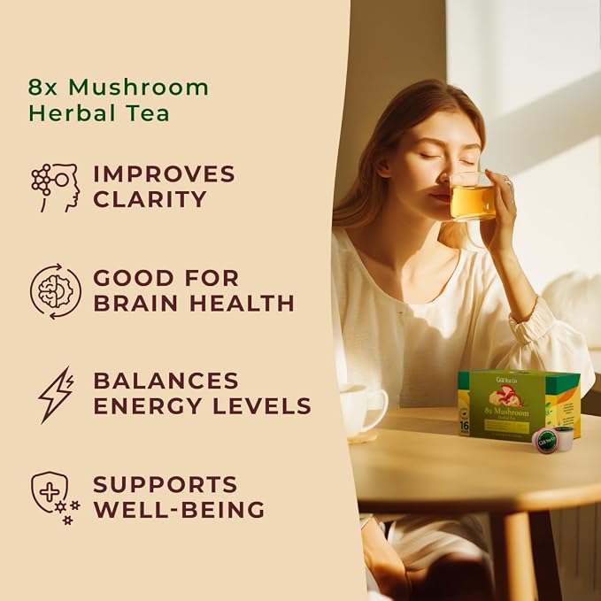 Gya Tea Co 8X Mushroom Herbal Tea Pod (16 Count)- Decaf Wellness Tea for Body Comfort & Relaxing (Pack of 2)