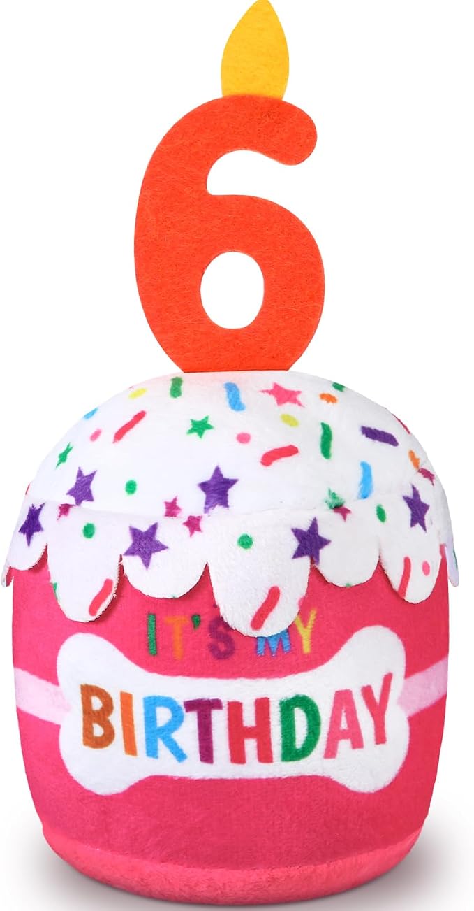 Dansydaisy Dog Birthday Cake Toy Squeaky Plush Gift,6th,Pink