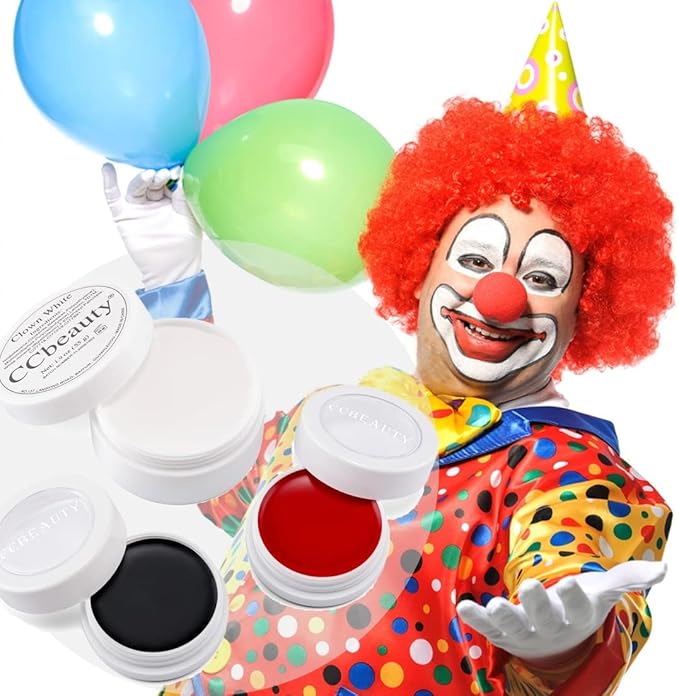CCbeauty Clown Makeup Kit Professional White Black Red Face Paint Foundation Cream, 6 Brushes,Red Nose for Halloween Special Effects SFX Joker Skeleton Vampire Zombie Cosplay Dress Up Makeup