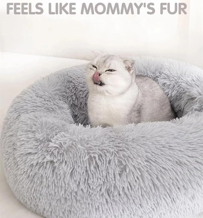 Fluffy Calming Cat Beds for Indoor Cats - Washable Round Dog Beds for Small Medium Dogs, Anti Anxiety Plush Faux Fur Pet Bed