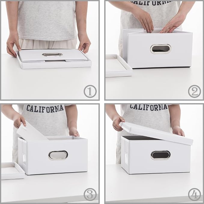 Collapsible Storage Box with Lid [1-Pack] Leather Fabric Foldable Storage Bin Organizer Container Basket Cube with Cover for Home Bedroom Closet Office Nursery White (13.6x9.6x6.9)