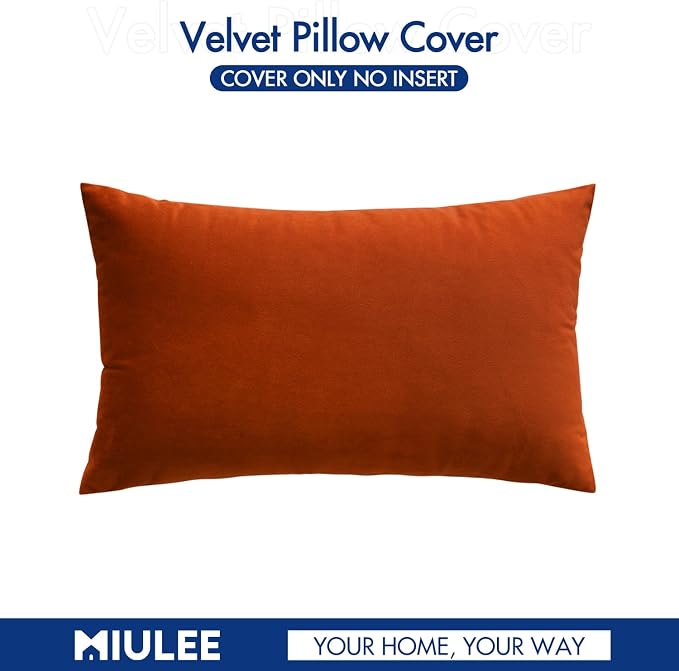 MIULEE 12x20 Inch Lumbar Fall Velvet Pillow Cover Set of 1 Burnt Orange | Soft Luxury Decorative Throw Pillow Cover, Single Rectangle Cushion Case, Home Decor for Chair Couch Sofa Bedroom Car Bed