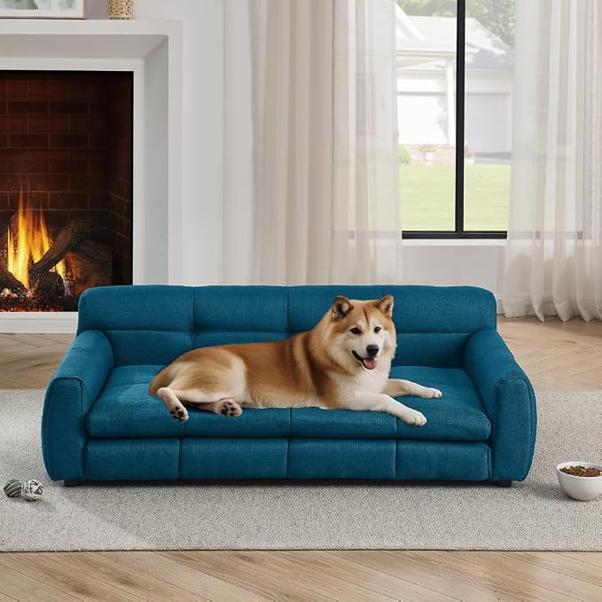 51"×28" Large Dog Sofa, for Large & Extra Large Dogs | Detachable Cushion | Reinforced Low Base|Non-Sagging |Breathable Linen Fabric | Soft Cushion | Armrest & Backrest | Blue