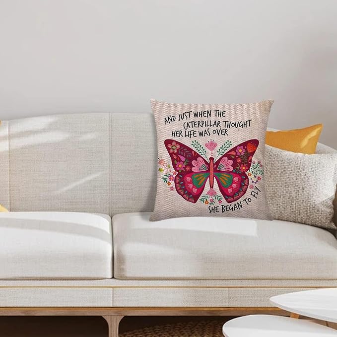 Littlefa Butterfly Decorative Throw Pillow Cover, She Began to Fly Sign | Motivational Throw Pillow Covers for Girls, Inspirational Decorative Pillow Case for Couch Girls Bedroom, 18×18 In