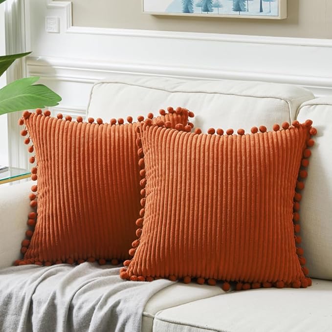 Fancy Homi Pack of 2 Burnt Orange Decorative Throw Pillow Covers 26x16 Inch with Pom-poms for Couch Bed Living Room, Soft Corduroy Solid Square Cushion Case 66x66 cm, Farmhouse Boho Home Decor
