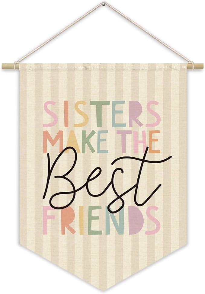 Vintage Girls Room Wall Art Decor,Toddler Girl Room Cute Pink Nursery Bedroom Playroom Canvas Banner Decorations,Sisters Make The Best Friends Wall Hanging Pennant Flag Banner for Little Girls