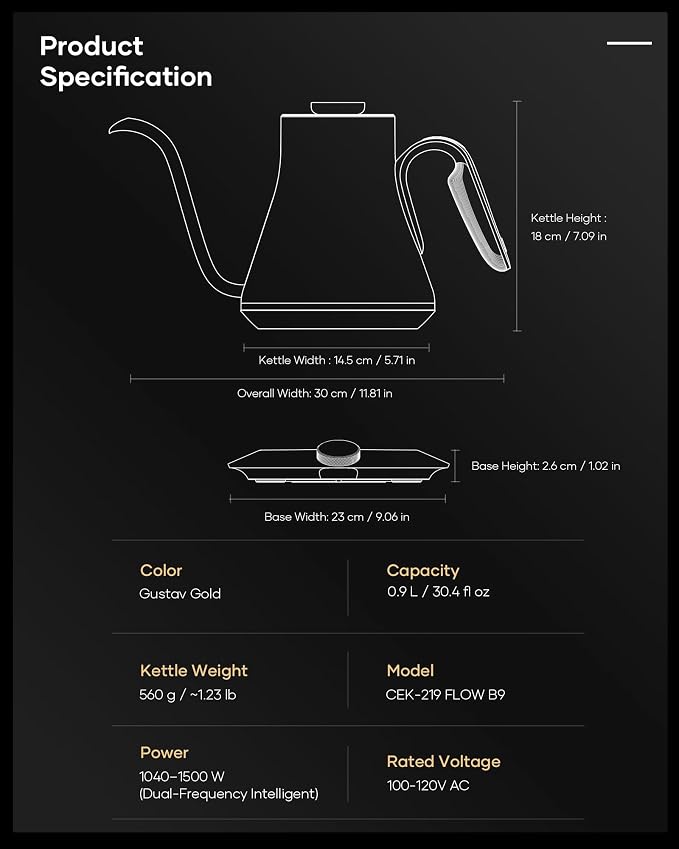 Cocinare Gooseneck Electric Kettle, ±1°F Precise Temperature Control, 1500W Fast Heating, Pour Over Coffee & Tea Kettle with Brew Timer & Keep Warm, Stainless Steel, 0.9L (Gustav Gold)