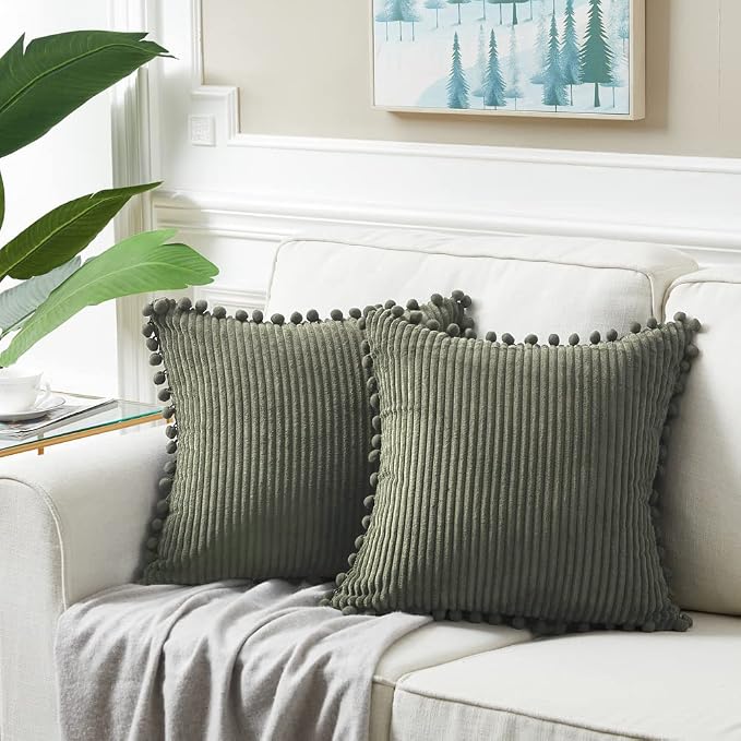 Fancy Homi Pack of 2 Olive Green Decorative Throw Pillow Covers 26x16 Inch with Pom-poms for Couch Bed Living Room, Soft Corduroy Solid Square Cushion Case 66x66 cm, Farmhouse Boho Home Décor