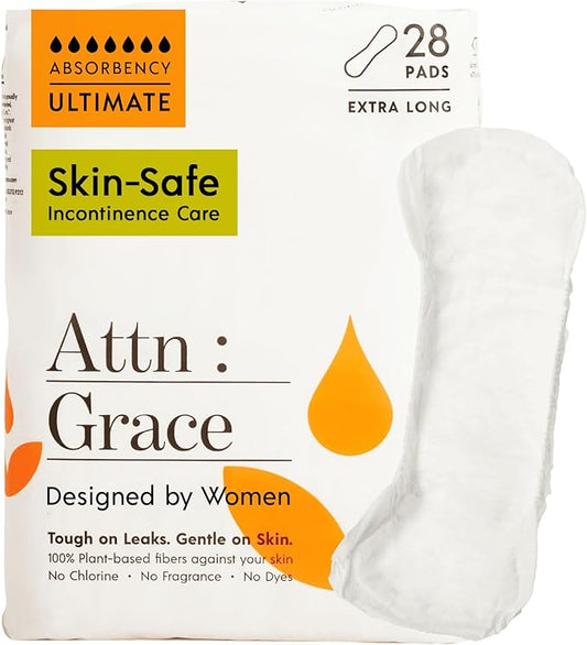 Attn: Grace Ultimate Incontinence Pads for Women, 28-Pack - Plant-Based, High Absorbency, Breathable - Overnight Pads for Heavy Bladder Leaks & Sensitive Skin