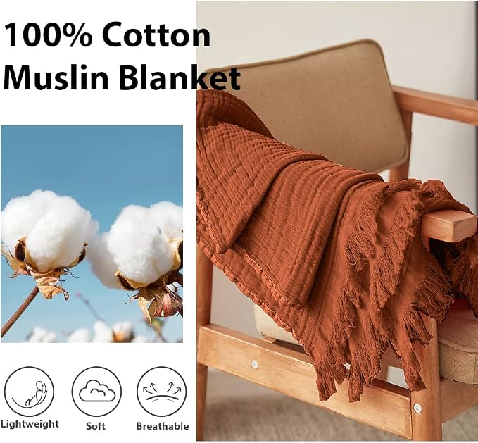 Simple&Opulence Cotton Muslin Throw Blanket for Bed, Couch, Knit Woven Gauze Blanket with Tassels, Soft Lightweight Cozy Pre-Washed Breathable Farmhouse Decoration for All-Season (Rust Orange)