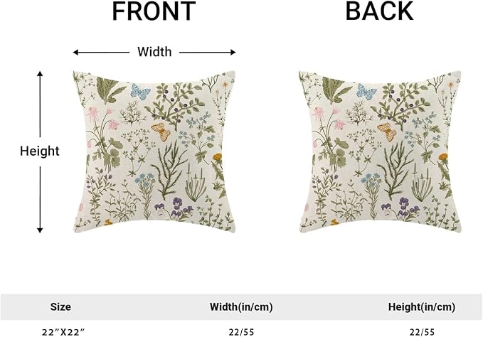 AEIOAE Spring Pillow Covers 22x22 Inch Set of 2,Sage Green Wild Flower Plant Throw Pillows Case,Seasonal Floral Outdoor Decorative Square Linen Farmhouse Decor Cushion Covers for Home Sofa Bed Couch