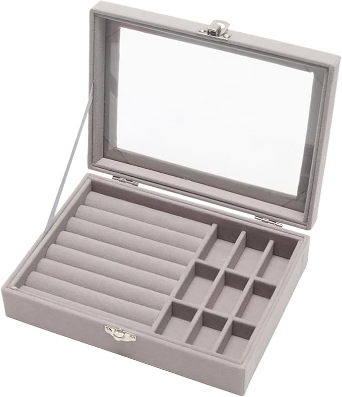 Small Velvet Jewelry Tray with Clear Lid, 2-in-1 Gray | Lockable Ring Earring Holder Organizer Storage Box Case Jewelry Box Organizer for Rings Earrings Bracelets Brooches