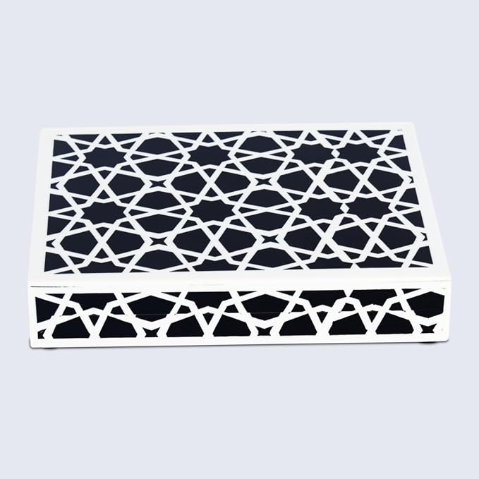 Handicrafts Home Decorative Storage Box with Lid, Black and White Moroccan Zellij Decorative Remote Control Box, Slim Coffee Table Storage Box for Shelf, Desk & Living Room Decor, Zellij 8 x 6 x 1.5