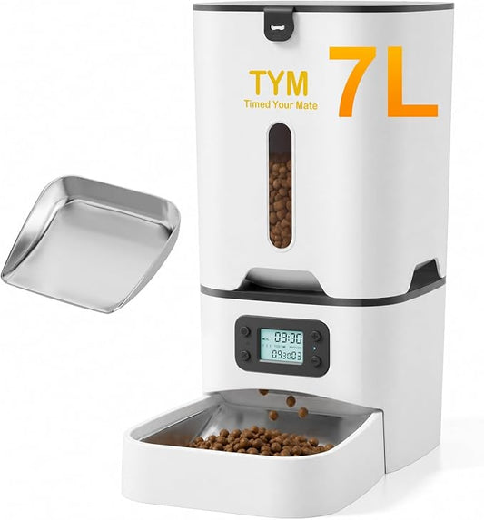 Automatic Cat Feeder 7L, 9 Meals/Day Food Dispenser for Cats Small Dog Pet | Large Capacity | NO APP | Programmable Timer | Weight / Diet Control | Stainless Steel Bowl | Fresh Food | Dual Power Supply