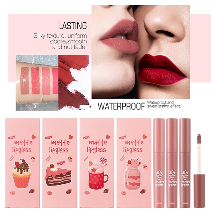 3Pcs Nude Matte Lipstick Set, Ice Cream Velvet Smooth Matte Lip Gloss, 24 Hour Natural Long Lasting & Nourishing Lip Glaze Non-stick Cup for Women Makeup (Set B)