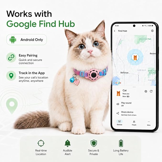 Cat Tracker GPS for Android, Pet GPS Tracker Collar for Cats No Subscription, IP67 Waterproof Cat Collar with Tracker Compatible with Google Find Hub – Replaceable 1-Year Battery, Android Only (Pink)