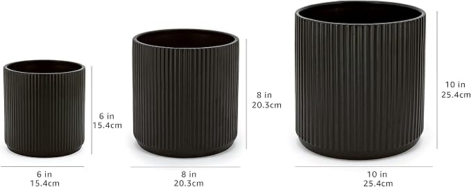 Amazon Basics Fluted Ceramic Planters for Indoor Outdoor Plants, Round Flower Pots with Drainage Hole, Set of 3, 6 inch, 8 inch, 10 inch, Black
